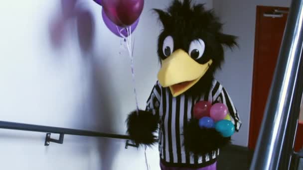 Średnim Strzale Crow Maskotka Chodzenie Schodach Balonami — Wideo stockowe