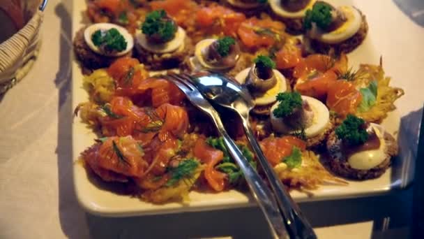 鲑鱼鲱鱼罐头开胃菜的多利特写镜头 — 图库视频影像