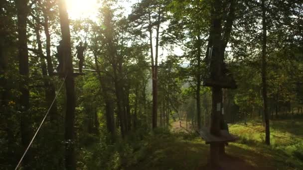 Ağaçtan Ağaca Ağaç Engelli Parkurunda Bir Halat Tahtasıyla Giden Adam — Stok video