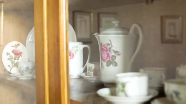 Vintage Porcelain Dinnerware Set Cupboard Glazed Doors Porcelain Slowly Evolved — Stock Video