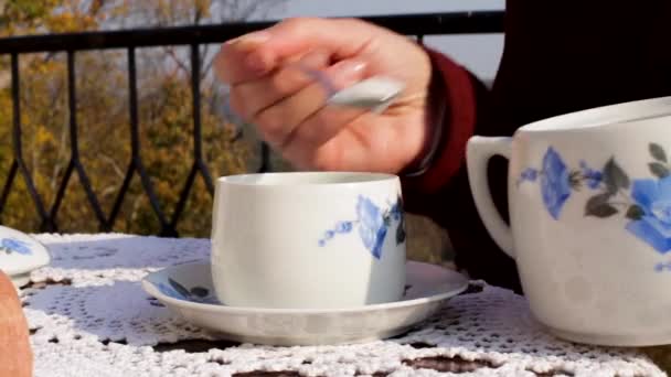 紅茶に砂糖を加え 秋の日にテラスで本を読んでいる女性 磁器は中国でゆっくりと進化し 最終的に約2000年から1200年の間にいくつかのポイントで達成されました — ストック動画