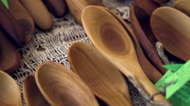 Lots Wooden Spoons Arranged Table Sale Wooden Spoon Utensil Commonly — Stock Video