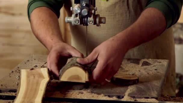 Der Meister Schneidet Mit Einer Elektrischen Holzsäge Ein Stück Holz — Stockvideo