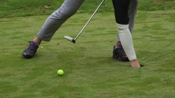 Två Golfare Gör Putt Och Sedan Sätter Flaggan Hålet Golf — Stockvideo