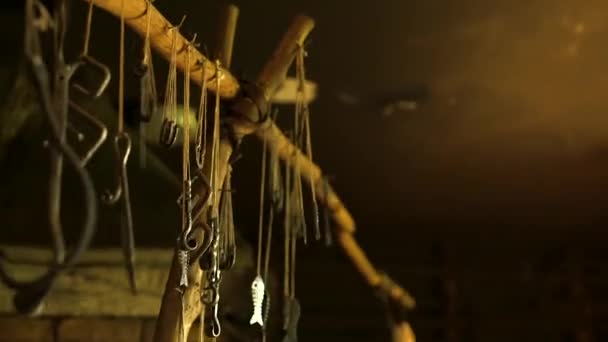 Lots Metal Charms Hanging Working Blacksmith Workshop Bellows Rod Blacksmith — Stock Video
