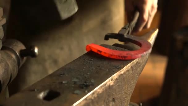 Ferreiro Anvil Forjando Uma Ferradura Quente Ferreiro Metaleiro Que Cria — Vídeo de Stock