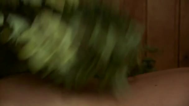 Saunada Çıplak Kadın Vücudu Yaprak Ağacı Süpürgeleriyle Hafifçe Kırbaçlanıyor Sauna Video Klip