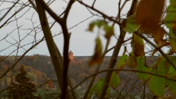 秋の木の谷の向こう側にあった中世の田田城 カステルムのタイプ要塞は1214年に建てられ フレッドランドと名付けられ 平和の土地として翻訳されました — ストック動画