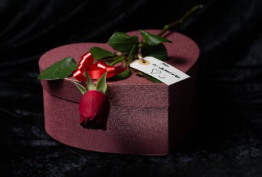 Kalp şeklinde kutuda kırmızı gül. Sevgililer Günü.