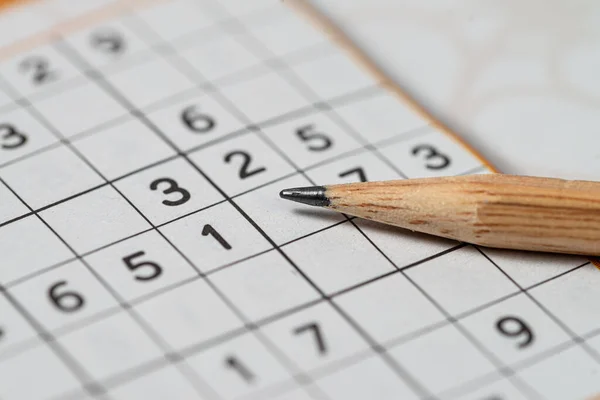 Kalemle sudoku bulmacası. Makro fotoğrafçılık.