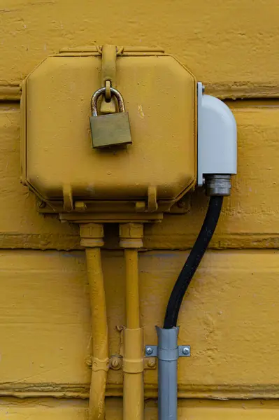 Electrical box connection with a lock on a wall. Close up.