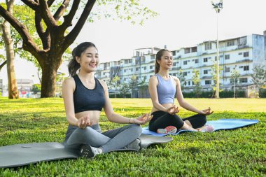 İki kadın parkta yoga minderlerinde oturmuş yoga yapıyorlar...