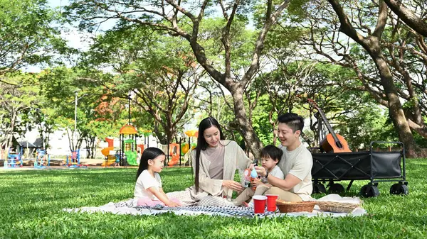 Dört kişilik bir aile parkta bir battaniyenin üzerinde oturmuş pikniğin tadını çıkarıyor...