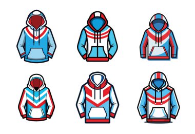 This collection showcases six unique hoodie designs, each featuring a vibrant color scheme of blue, red, and white. The designs incorporate bold geometric patterns and contrasting colors to create a modern and eye-catching aesthetic. Perfect for appa clipart