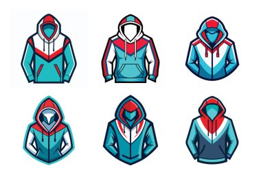 This collection showcases six unique hoodie designs, each featuring a vibrant color block pattern in shades of teal, red, and white. The hoodies are presented in various styles, some with the hood up and others down, offering diverse options for appa clipart