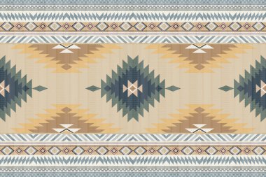 Navajo kabile vektörünün kusursuz şekli. Yerli Amerikan süsü. Etnik güney batı dekoru tarzı. Boho geometrik süs. Vektör kusursuz desen. Meksika battaniyesi, halı. Örülmüş halı illüstrasyonu.