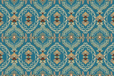 Ikat kabilesinin kusursuz deseni. Etnik Aztek kumaşlı halı mandala süsü yerli Boho sembolü tekstil. Geometrik Afro-Amerikan doğulu geleneksel vektör çizimleri. Nakış stili.