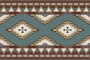 Navajo kabile vektörünün kusursuz şekli. Yerli Amerikan süsü. Etnik güney batı dekoru tarzı. Boho geometrik süs. Vektör kusursuz desen. Meksika battaniyesi, halı. Örülmüş halı illüstrasyonu.