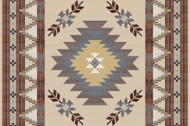 Navajo kabile vektörünün kusursuz şekli. Yerli Amerikan süsü. Etnik güney batı dekoru tarzı. Boho geometrik süs. Vektör kusursuz desen. Meksika battaniyesi, halı. Örülmüş halı illüstrasyonu.
