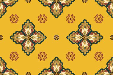 Ikat kabilesinin kusursuz deseni. Etnik Aztek kumaşlı halı mandala süsü yerli Boho sembolü tekstil. Geometrik Afro-Amerikan doğulu geleneksel vektör çizimleri. Nakış stili.