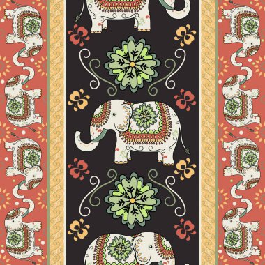 Fil pürüzsüz desen. Halı, duvar kâğıdı, giysi, tekstil, ambalaj, kumaş, fayans ve nakış için geleneksel dekore edilmiş fil tasarımı ile etnik fil..
