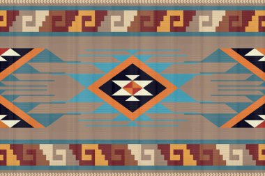 Navajo kabile vektörünün kusursuz şekli. Yerli Amerikan süsü. Etnik güney batı dekoru tarzı. Boho geometrik süs. Vektör kusursuz desen. Meksika battaniyesi, halı. Örülmüş halı illüstrasyonu.