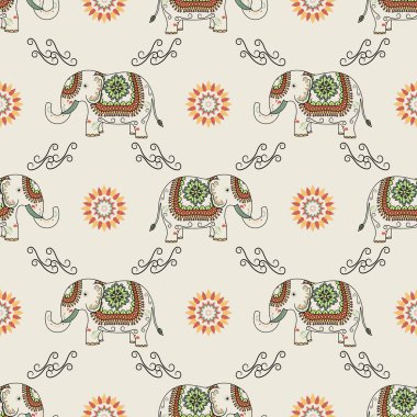 Fil pürüzsüz desen. Halı, duvar kâğıdı, giysi, tekstil, ambalaj, kumaş, fayans ve nakış için geleneksel dekore edilmiş fil tasarımı ile etnik fil..