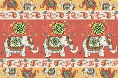 Fil pürüzsüz desen. Halı, duvar kâğıdı, giysi, tekstil, ambalaj, kumaş, fayans ve nakış için geleneksel dekore edilmiş fil tasarımı ile etnik fil..