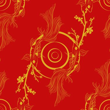 Geleneksel Çin unsurları ve süsleriyle taşıyıcı pankart. Koi sazan balığının altın rengi, siyah kırmızı arka planı ve şakayık çiçekleri. Çin arka planı. Balık koi Japon Çin tasarımı. Mürekkep boyası tasarımı.