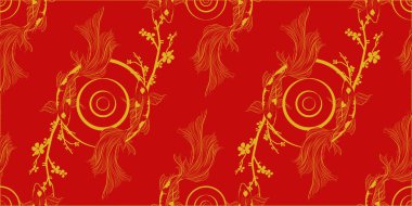 Geleneksel Çin unsurları ve süsleriyle taşıyıcı pankart. Koi sazan balığının altın rengi, siyah kırmızı arka planı ve şakayık çiçekleri. Çin arka planı. Balık koi Japon Çin tasarımı. Mürekkep boyası tasarımı.