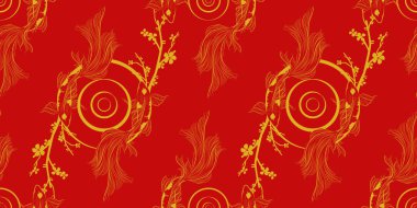 Geleneksel Çin unsurları ve süsleriyle taşıyıcı pankart. Koi sazan balığının altın rengi kırmızı arka planı ve şakayık çiçekleri. Çin arka planı. Balık koi Japon Çin tasarımı. Mürekkep boyası tasarımı.