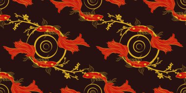 Geleneksel Çin unsurları ve süsleriyle taşıyıcı pankart. Koi sazan balığının altın rengi siyah arka planı ve şakayık çiçekleri. Çin arka planı. Balık koi Japon Çin tasarımı. Mürekkep boyası tasarımı.