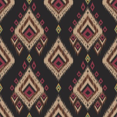 Motif Afrika etnik el yapımı güzel Ikat sanatı. Afrika Ikat etnik kabilesi, boho renksiz duvar kağıdı. Etnik tropikal desenlerde hayvan baskısı. Afrika boho desenli çiçek desenli Ikat motifleri..