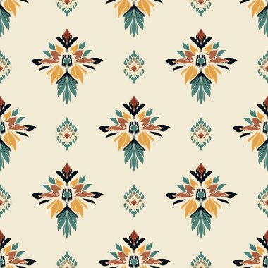 Afrika desenli desenli desenli desenli çiçek desenli işlemeli kumaş. Etnik faks çiçekli Hint deseni Ikat desenli Etnik desen. Damask Kızılderili çiçekli Aztek nakış desenleri..