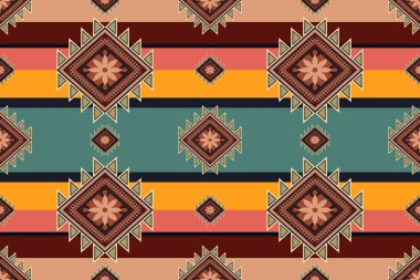 Navajo kabile vektörünün kusursuz şekli. Yerli Amerikan süsü. Etnik güney batı dekoru tarzı. Boho geometrik süs. Vektör kusursuz desen. Meksika battaniyesi, halı. Örülmüş halı illüstrasyonu.