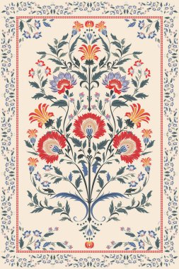 Klasik Arap deseni. İran halısı. Kumaş tasarımı, el yapımı, iç dekorasyon ve tekstil için zengin süs. Geometrik süslemeli İran halısının soyut tasarımı. Fas tarzı arka plan..