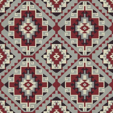 Navajo kabile vektörünün kusursuz şekli. Yerli Amerikan süsü. Etnik güney batı dekoru tarzı. Boho geometrik süs. Vektör kusursuz desen. Meksika battaniyesi, halı. Örülmüş halı illüstrasyonu.