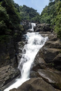 Hindistan, Meghalaya 'nın yemyeşil tepelerindeki Borhill Şelaleleri' nin nefes kesici manzarası. Şelale kayalık kayalıklardan aşşağıya, yoğun bitki örtüsü ve doğal güzelliklerle çevrili sakin bir vadiye akıyor.. 