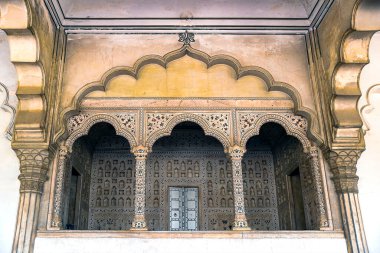 Agra Kalesi 'nin Agra, Uttar Pradesh, Hindistan' daki iç kısımları Babür dönemi mimarisinin ihtişamını ortaya koymaktadır. 16. yüzyılda İmparator Akbar tarafından inşa edilmiş ve daha sonra Şah Cihan tarafından genişletilmiştir..