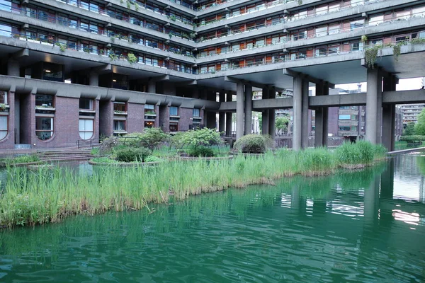 Önünde gölet olan bir bina.