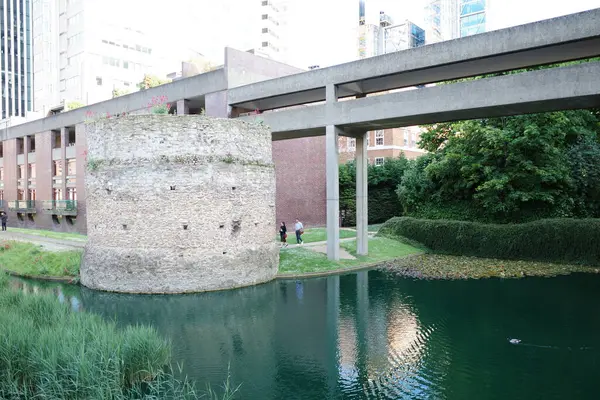 Arka planda bina olan bir nehir üzerinde köprü.