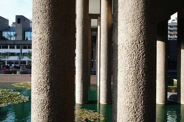 Bir göl manzarası ve köprüden bir bina.