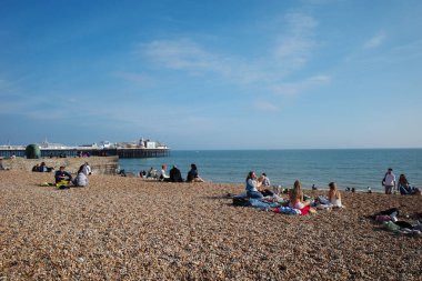 Okyanusun kıyısındaki sahilde oturan bir grup insan.