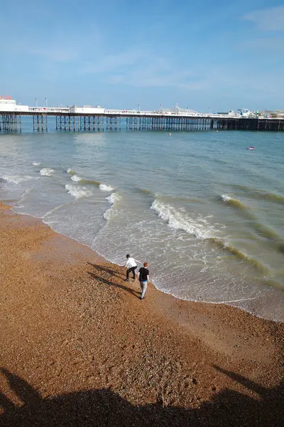 Okyanus kıyısındaki bir sahilde yürüyen iki kişi.