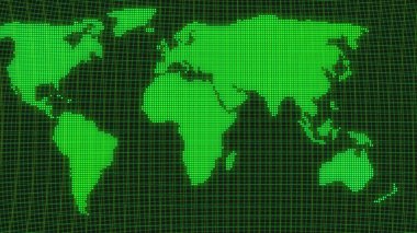 Neon abstract green color world map on dots particles illustration.