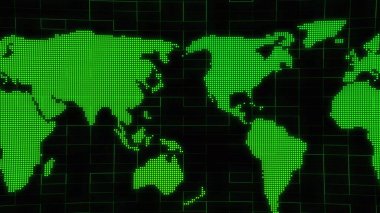 Green color Dotted world map on a green color geometric line and black background.