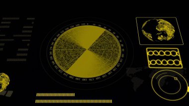 Digital technology world map, different information showing radar screen display isolated on black background.