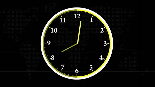 Digital round clock isolated first spent time on black color illustration background.