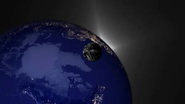 Uzayda küçük bir gezegen çizimi olan soyut bir dünya gezegeni. Kıtalar ve okyanuslar.