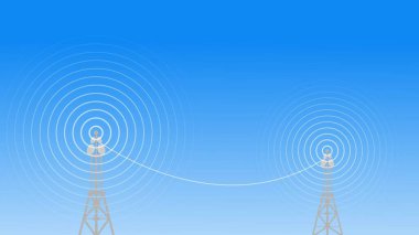 Digital technology abstract connecting tower with antennas radio wave illustration background.